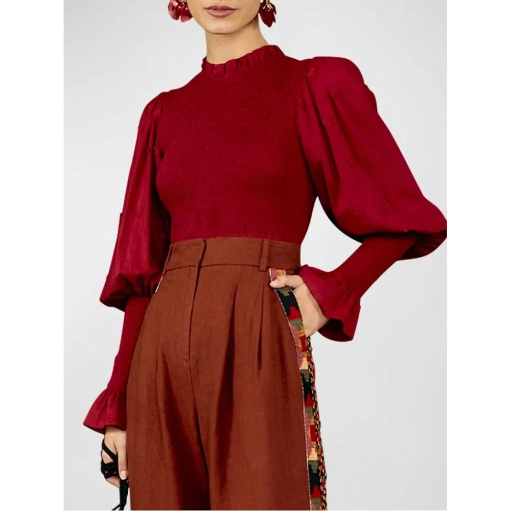 Farm Rio 3D Hearts Blouse Womens Small Burgundy New Smocked Puff Sleeve Blouse